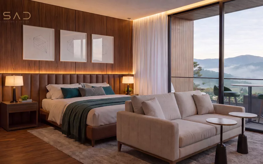 Suíte do apartamento de 50 m², com estar e varanda para a serra